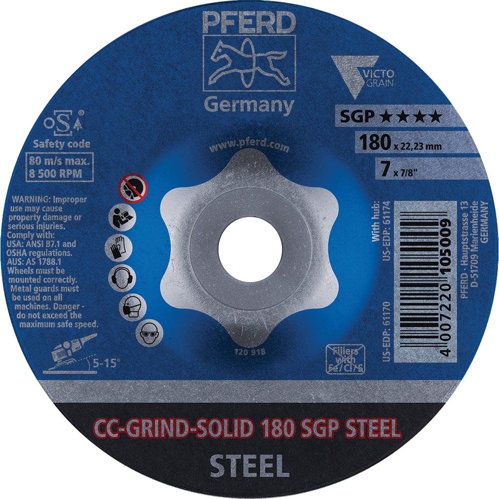 PFERD - Depressed-Center Wheels; Hole Size (Inch): 7/8 ; Connector Type: Arbor ; Wheel Type Number: Type 1 ; Abrasive Material: Steel ; Maximum RPM: 8500.000 ; Tool Compatibility: Angle Grinders - Exact Tool & Supply