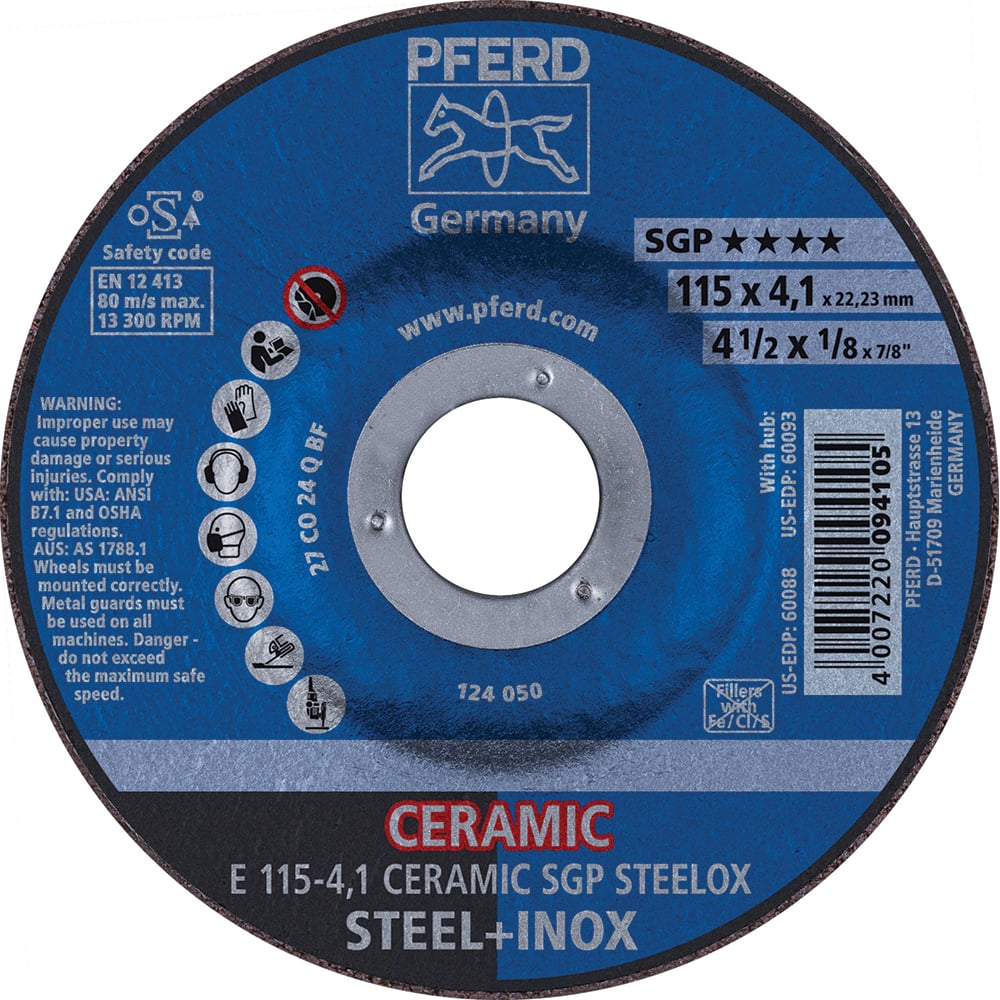 PFERD - Depressed-Center Wheels; Hole Size (Inch): 7/8 ; Connector Type: Arbor ; Wheel Type Number: Type 27 ; Abrasive Material: Ceramic Oxide ; Maximum RPM: 13300.000 ; Grit: 24 - Exact Tool & Supply