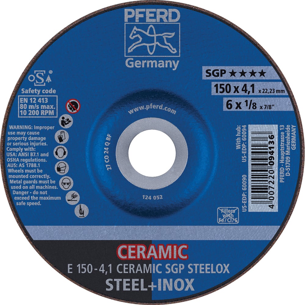 PFERD - Depressed-Center Wheels; Hole Size (Inch): 7/8 ; Connector Type: Arbor ; Wheel Type Number: Type 27 ; Abrasive Material: Ceramic Oxide ; Maximum RPM: 10200.000 ; Grit: 24 - Exact Tool & Supply