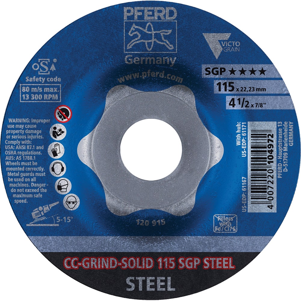 PFERD - Depressed-Center Wheels; Hole Size (Inch): 7/8 ; Connector Type: Arbor ; Wheel Type Number: Type 1 ; Abrasive Material: Steel ; Maximum RPM: 13300.000 ; Tool Compatibility: Angle Grinders - Exact Tool & Supply