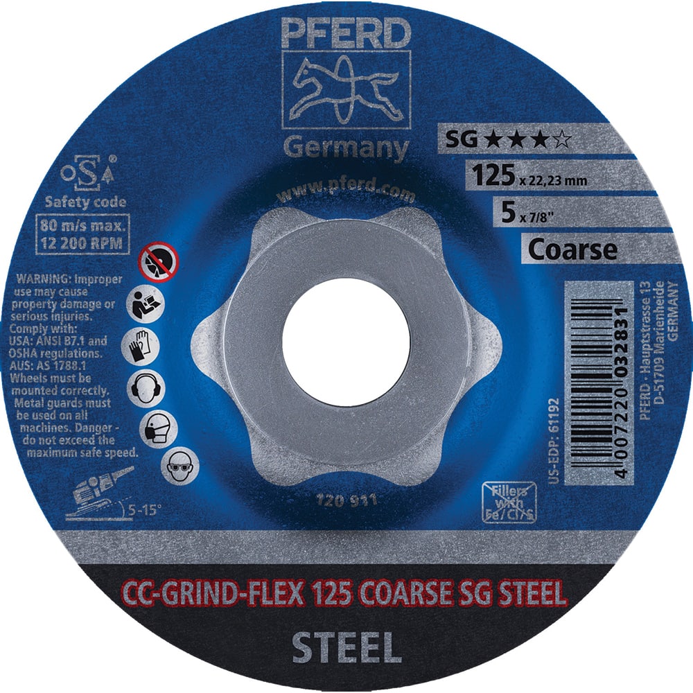 PFERD - Depressed-Center Wheels; Grade: Coarse ; Hole Size (Inch): 7/8 ; Connector Type: Arbor ; Wheel Type Number: Type 1 ; Abrasive Material: Steel ; Maximum RPM: 12200.000 - Exact Tool & Supply