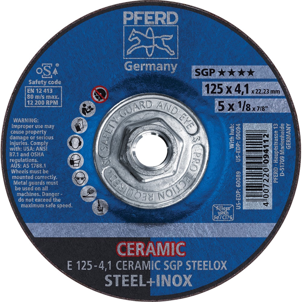 PFERD - Depressed-Center Wheels; Hole Thread Size: 5/8-11 ; Connector Type: Arbor ; Wheel Type Number: Type 27 ; Abrasive Material: Ceramic Oxide ; Maximum RPM: 12200.000 ; Grit: 24 - Exact Tool & Supply