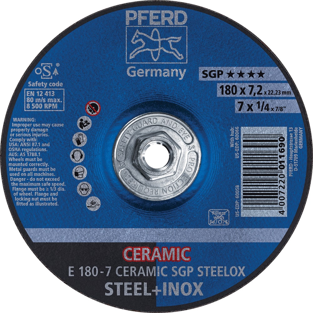 PFERD - Depressed-Center Wheels; Hole Thread Size: 5/8-11 ; Connector Type: Arbor ; Wheel Type Number: Type 27 ; Abrasive Material: Ceramic Oxide ; Maximum RPM: 8500.000 ; Grit: 24 - Exact Tool & Supply