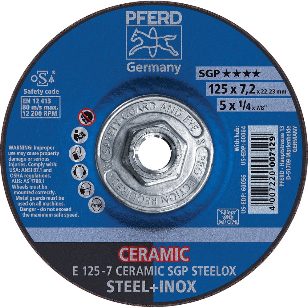 PFERD - Depressed-Center Wheels; Hole Thread Size: 5/8-11 ; Connector Type: Arbor ; Wheel Type Number: Type 27 ; Abrasive Material: Ceramic Oxide ; Maximum RPM: 12200.000 ; Grit: 24 - Exact Tool & Supply