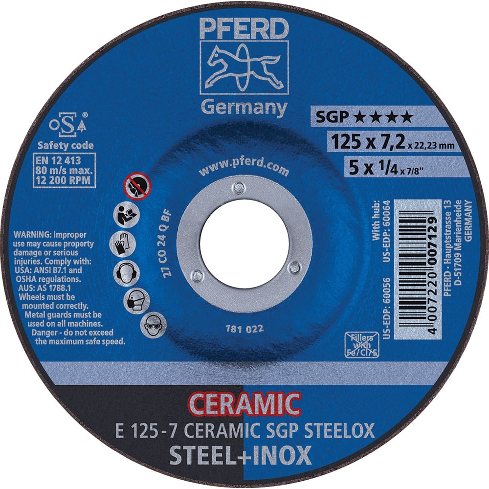 PFERD - Depressed-Center Wheels; Hole Size (Inch): 7/8 ; Connector Type: Arbor ; Wheel Type Number: Type 27 ; Abrasive Material: Ceramic Oxide ; Maximum RPM: 12200.000 ; Grit: 24 - Exact Tool & Supply