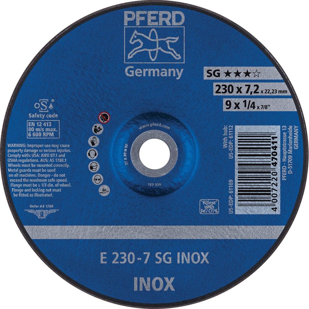 PFERD - Depressed-Center Wheels; Hole Size (Inch): 7/8 ; Connector Type: Arbor ; Wheel Type Number: Type 27 ; Abrasive Material: Aluminum Oxide ; Maximum RPM: 6600.000 ; Bond Type: Resinoid - Exact Tool & Supply