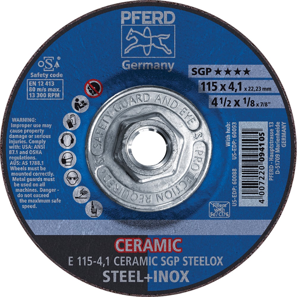 PFERD - Depressed-Center Wheels; Hole Thread Size: 5/8-11 ; Connector Type: Arbor ; Wheel Type Number: Type 27 ; Abrasive Material: Ceramic Oxide ; Maximum RPM: 13300.000 ; Grit: 24 - Exact Tool & Supply