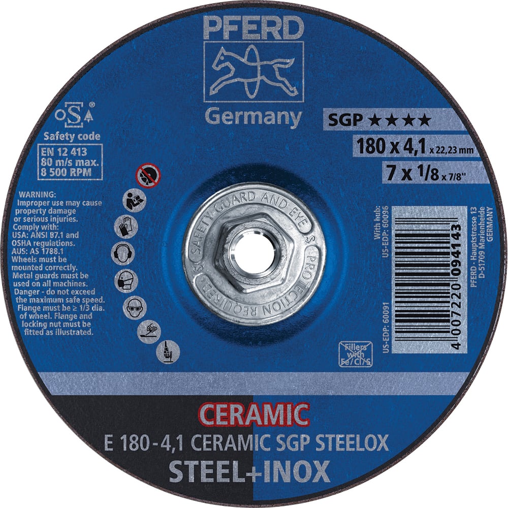 PFERD - Depressed-Center Wheels; Hole Thread Size: 5/8-11 ; Connector Type: Arbor ; Wheel Type Number: Type 27 ; Abrasive Material: Ceramic Oxide ; Maximum RPM: 8500.000 ; Grit: 24 - Exact Tool & Supply