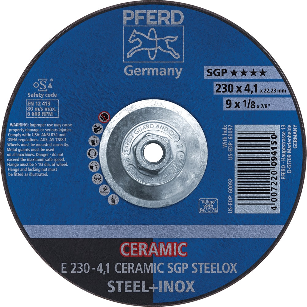 PFERD - Depressed-Center Wheels; Hole Thread Size: 5/8-11 ; Connector Type: Arbor ; Wheel Type Number: Type 27 ; Abrasive Material: Ceramic Oxide ; Maximum RPM: 6600.000 ; Grit: 24 - Exact Tool & Supply