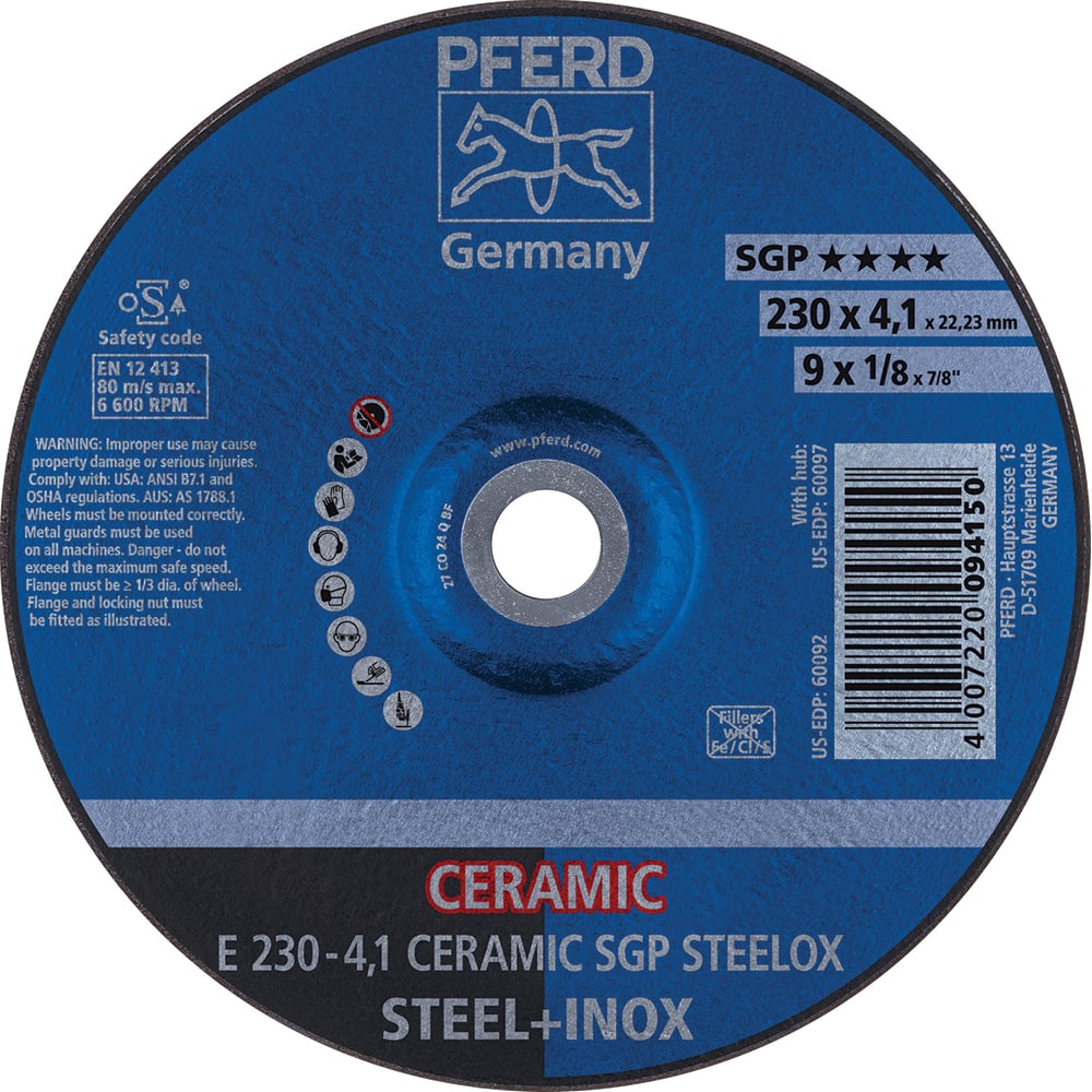 PFERD - Depressed-Center Wheels; Hole Size (Inch): 7/8 ; Connector Type: Arbor ; Wheel Type Number: Type 27 ; Abrasive Material: Ceramic Oxide ; Maximum RPM: 6600.000 ; Grit: 24 - Exact Tool & Supply