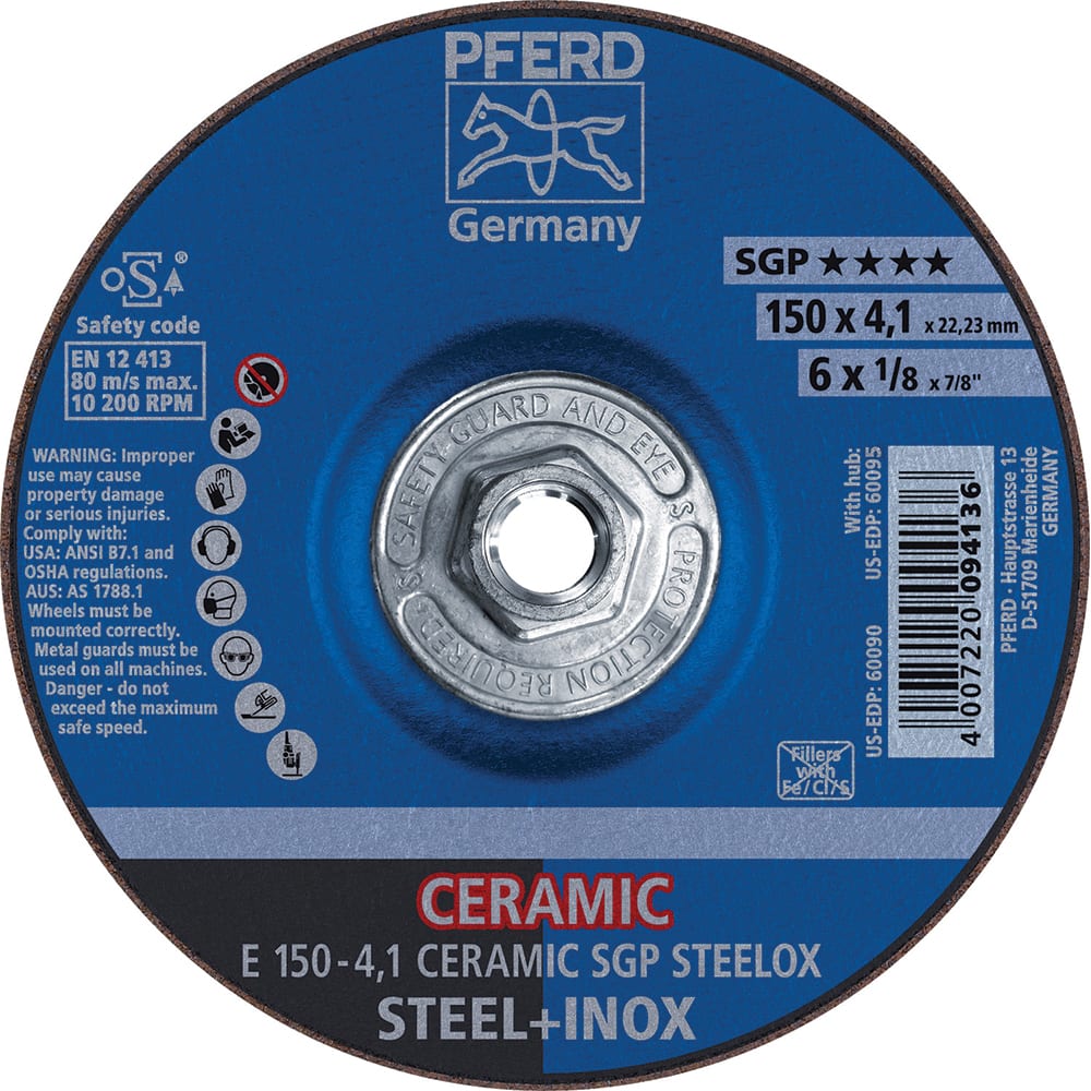 PFERD - Depressed-Center Wheels; Hole Thread Size: 5/8-11 ; Connector Type: Arbor ; Wheel Type Number: Type 27 ; Abrasive Material: Ceramic Oxide ; Maximum RPM: 10200.000 ; Grit: 24 - Exact Tool & Supply