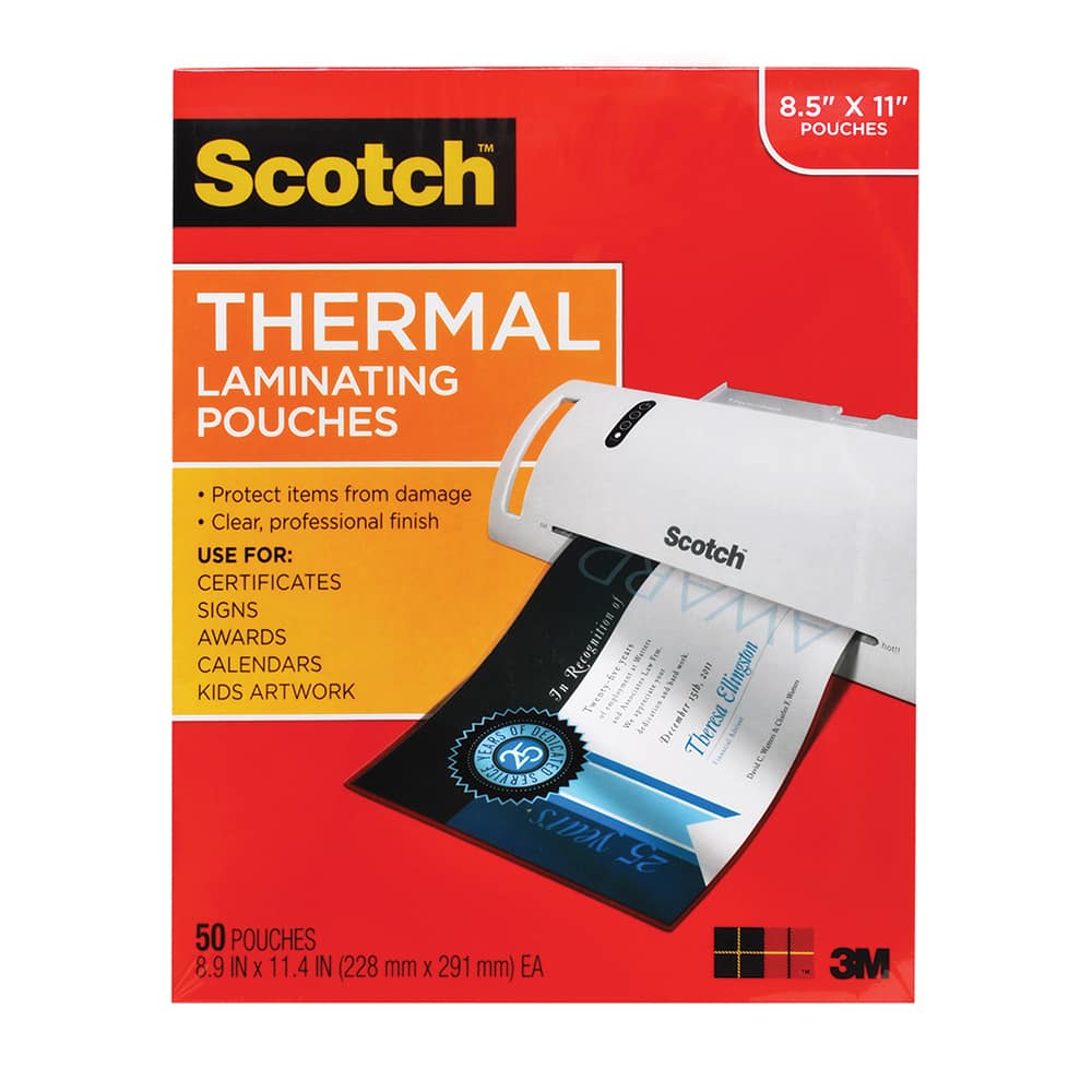 3M - Plastic Pouches; Height (Inch): 11 ; Width (Inch): 8-1/2 ; Type: Laminating Pouch ; Thickness (mil): 3.0000 ; Number of Pieces: 50.000 - Exact Tool & Supply