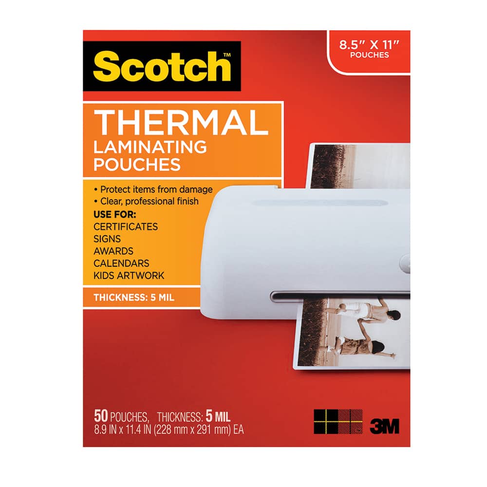 3M - Plastic Pouches; Height (Inch): 11 ; Width (Inch): 8-1/2 ; Type: Laminating Pouch ; Thickness (mil): 5.0000 ; Number of Pieces: 50.000 - Exact Tool & Supply