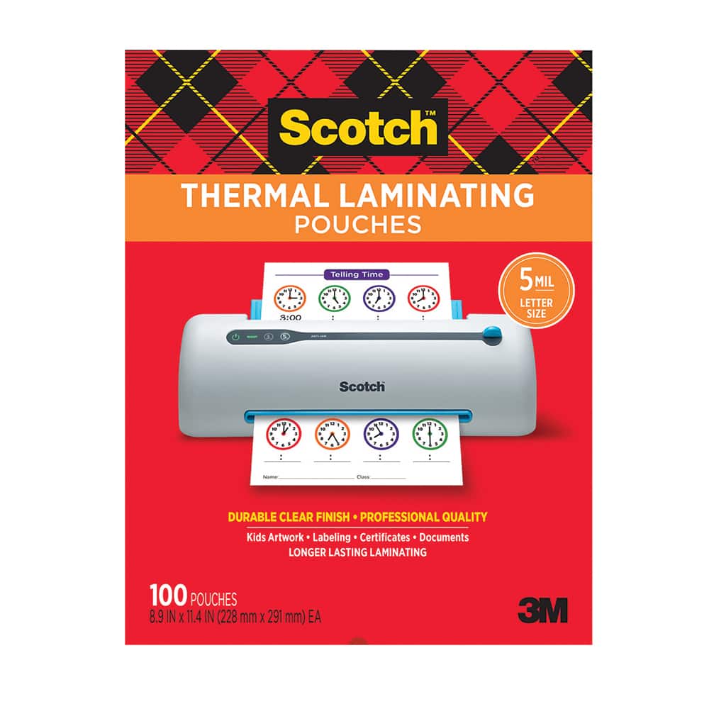 3M - Plastic Pouches; Height (Inch): 11-13/32 ; Width (Inch): 8-29/32 ; Type: Thermal Pouch ; Thickness (mil): 5.0000 ; Number of Pieces: 100.000 - Exact Tool & Supply