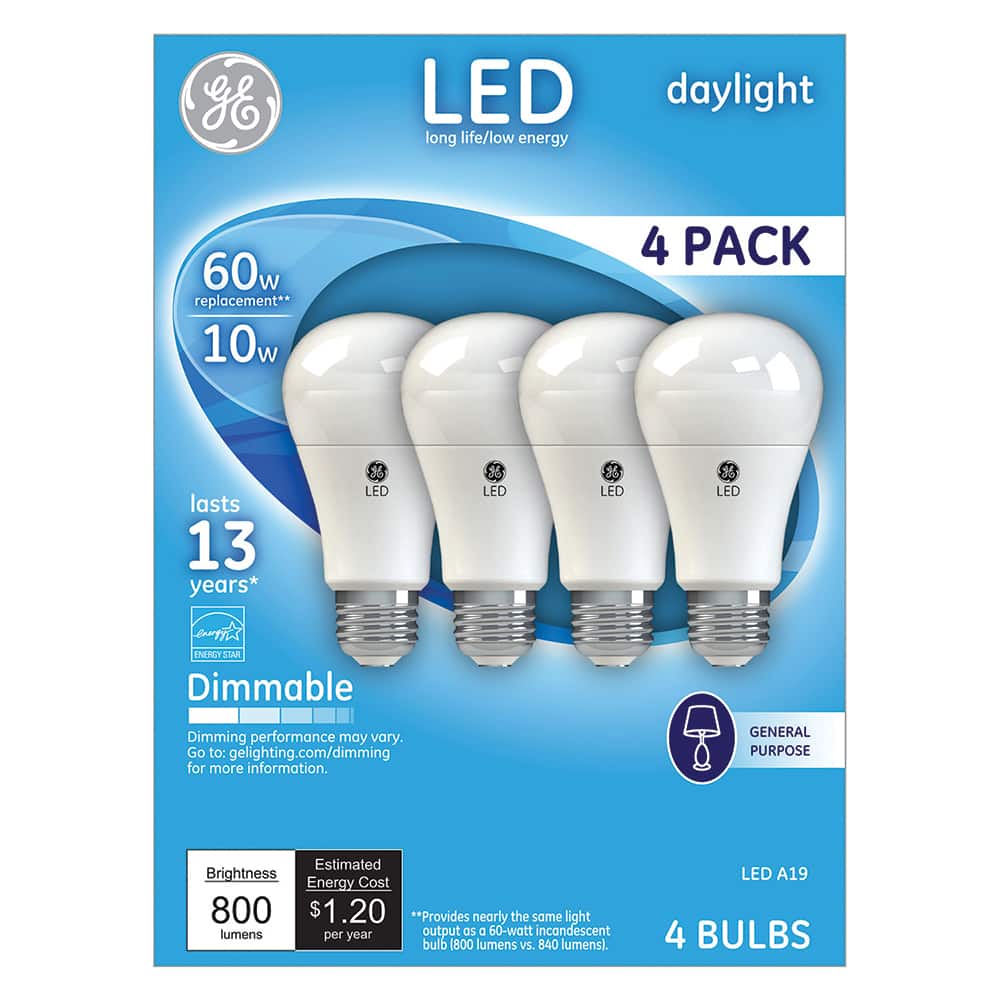 General Electric - Lamps & Light Bulbs; Lamp Technology: LED ; Lamps Style: Residential/Office ; Lamp Type: A19 ; Wattage Equivalent Range: 60-74 ; Actual Wattage: 10.00 ; Base Style: Medium Screw - Exact Tool & Supply