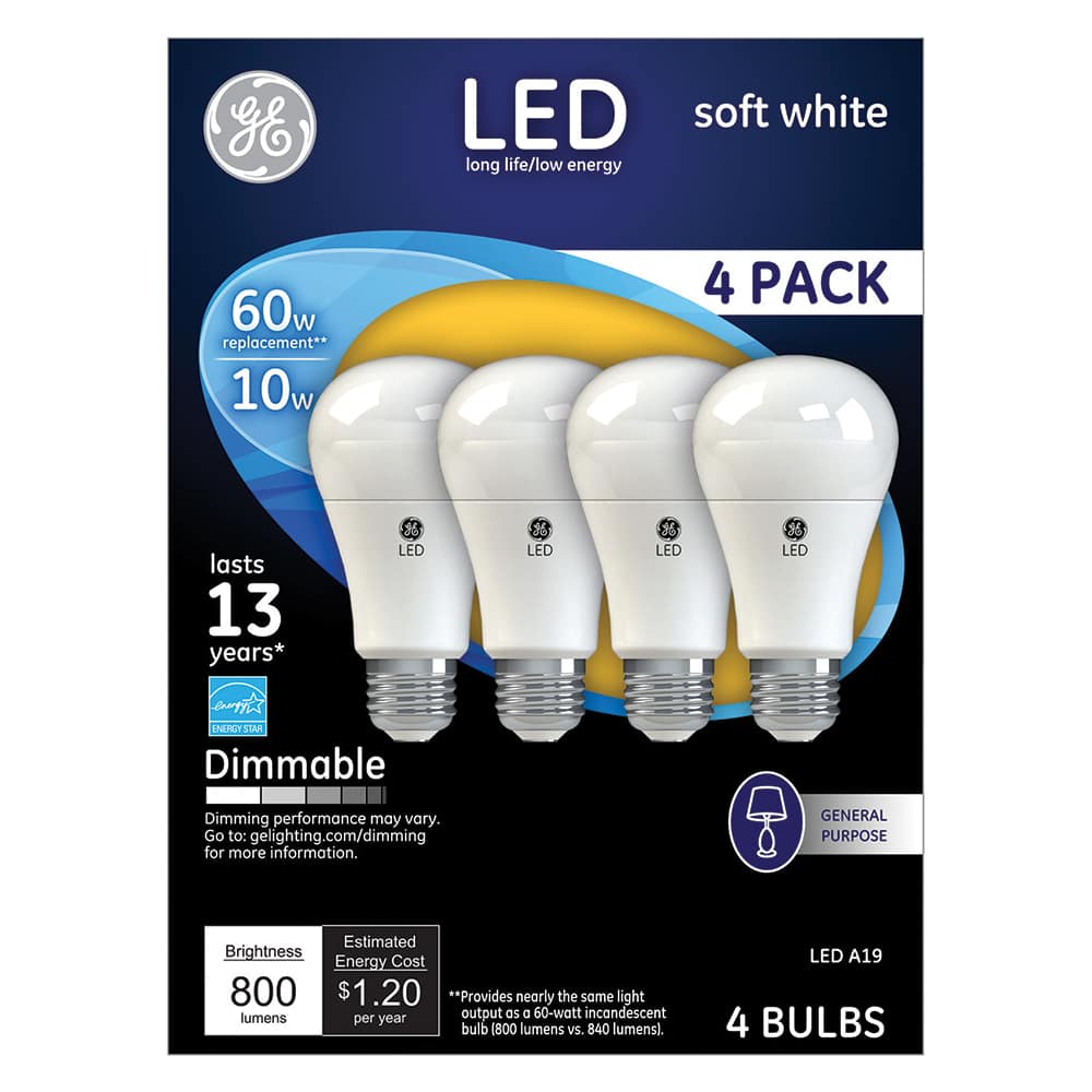 General Electric - Lamps & Light Bulbs; Lamp Technology: LED ; Lamps Style: Residential/Office ; Lamp Type: A19 ; Wattage Equivalent Range: 60-74 ; Actual Wattage: 10.00 ; Base Style: Medium Screw - Exact Tool & Supply