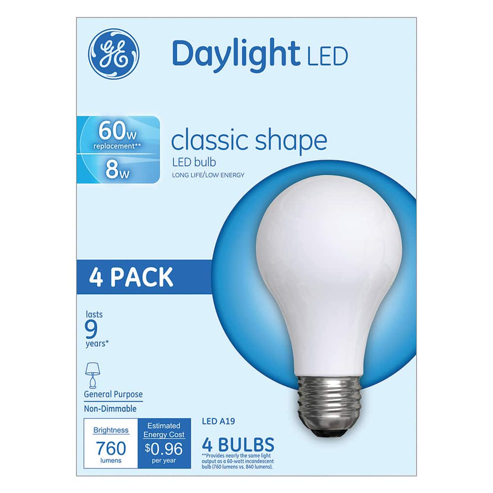 General Electric - Lamps & Light Bulbs; Lamp Technology: LED ; Lamps Style: Residential/Office ; Lamp Type: A19 ; Wattage Equivalent Range: 60-74 ; Actual Wattage: 8.00 ; Base Style: Medium Screw - Exact Tool & Supply