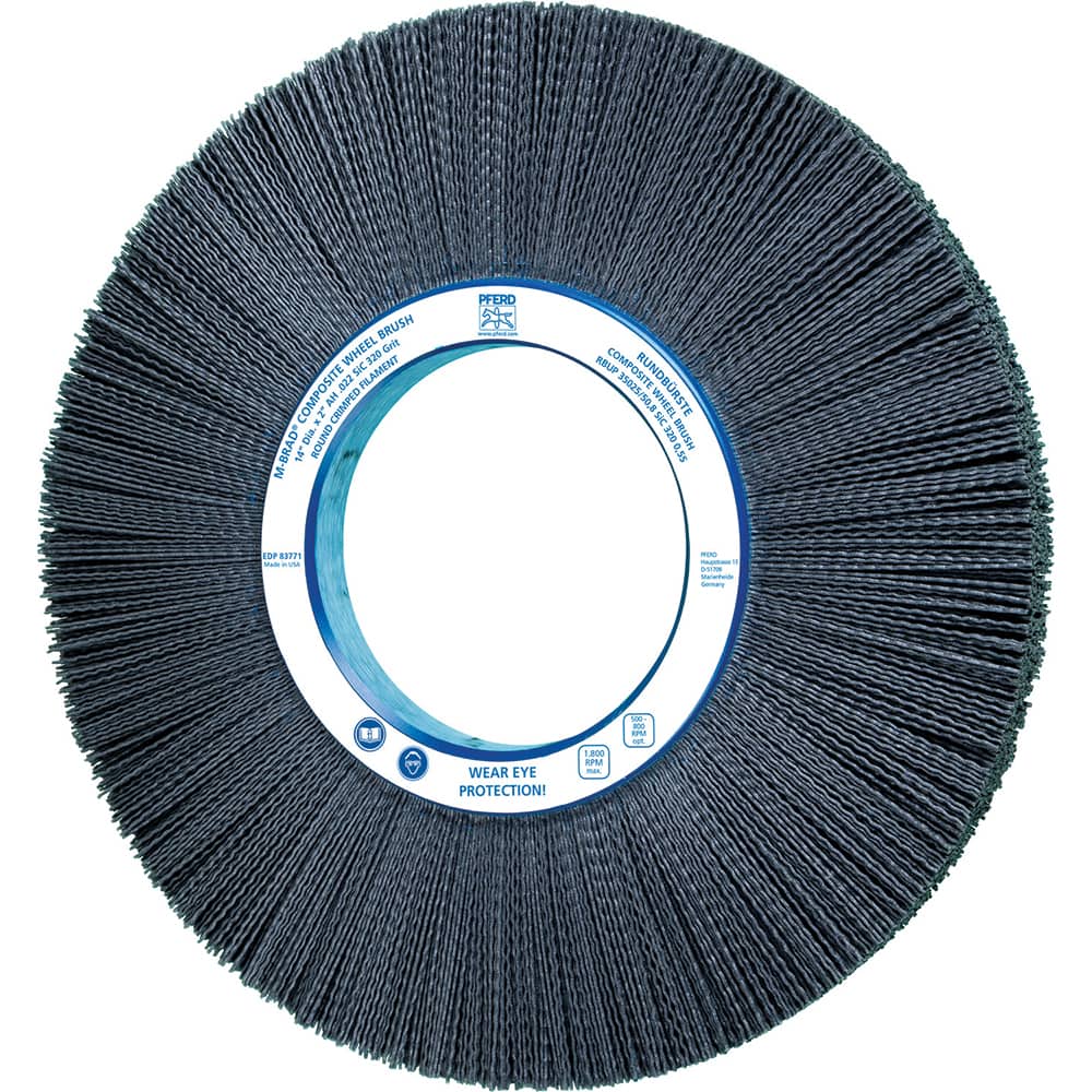 PFERD - Wheel Brushes; Outside Diameter (Inch): 14 ; Wire Type: Crimped; Round ; Fill Material: Nylon; Silicon Carbide ; Trim Length (Inch): 3-1/2 ; Filament Wire Diameter Range: 0.0300 & Above ; Maximum RPM: 1800.000 - Exact Tool & Supply
