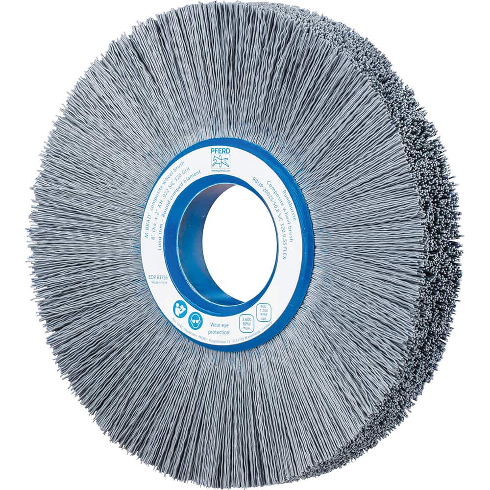PFERD - Wheel Brushes; Outside Diameter (Inch): 8 ; Wire Type: Crimped; Round ; Fill Material: Nylon; Silicon Carbide ; Trim Length (Inch): 2-1/4 ; Filament Wire Diameter Range: 0.0200-0.0299 ; Maximum RPM: 3600.000 - Exact Tool & Supply