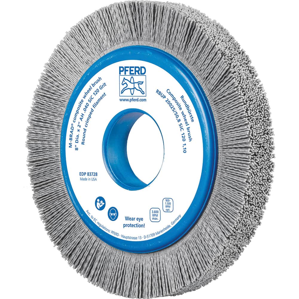 PFERD - Wheel Brushes; Outside Diameter (Inch): 8 ; Wire Type: Crimped; Round ; Fill Material: Nylon; Silicon Carbide ; Trim Length (Inch): 1-1/4 ; Filament Wire Diameter Range: 0.0300 & Above ; Maximum RPM: 3600.000 - Exact Tool & Supply
