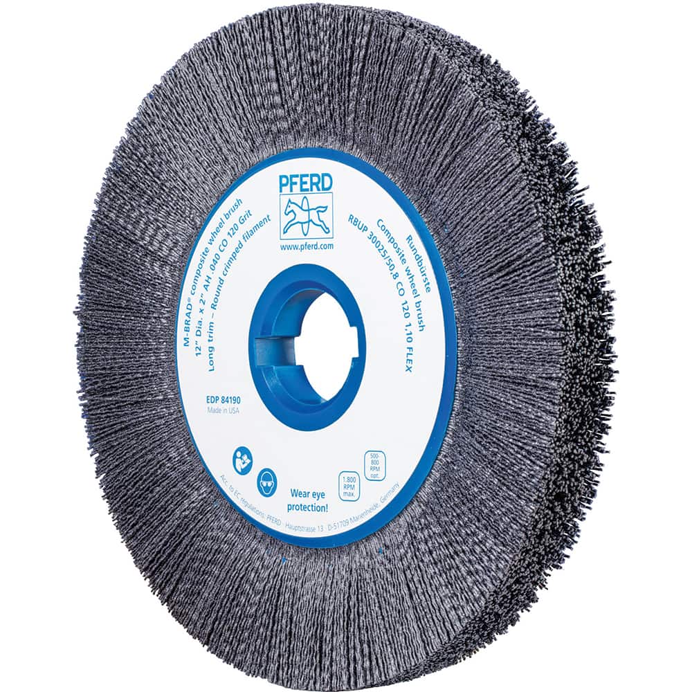 PFERD - Wheel Brushes; Outside Diameter (Inch): 12 ; Wire Type: Crimped; Round ; Fill Material: Nylon; Ceramic ; Trim Length (Inch): 2-3/8 ; Filament Wire Diameter Range: 0.0300 & Above ; Maximum RPM: 1800.000 - Exact Tool & Supply