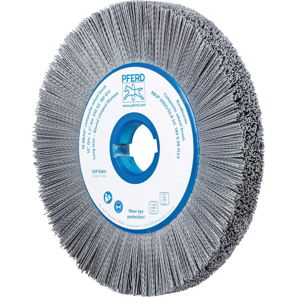 PFERD - Wheel Brushes; Outside Diameter (Inch): 12 ; Wire Type: Crimped; Round ; Fill Material: Nylon; Silicon Carbide ; Trim Length (Inch): 2-3/8 ; Filament Wire Diameter Range: 0.0300 & Above ; Maximum RPM: 1800.000 - Exact Tool & Supply