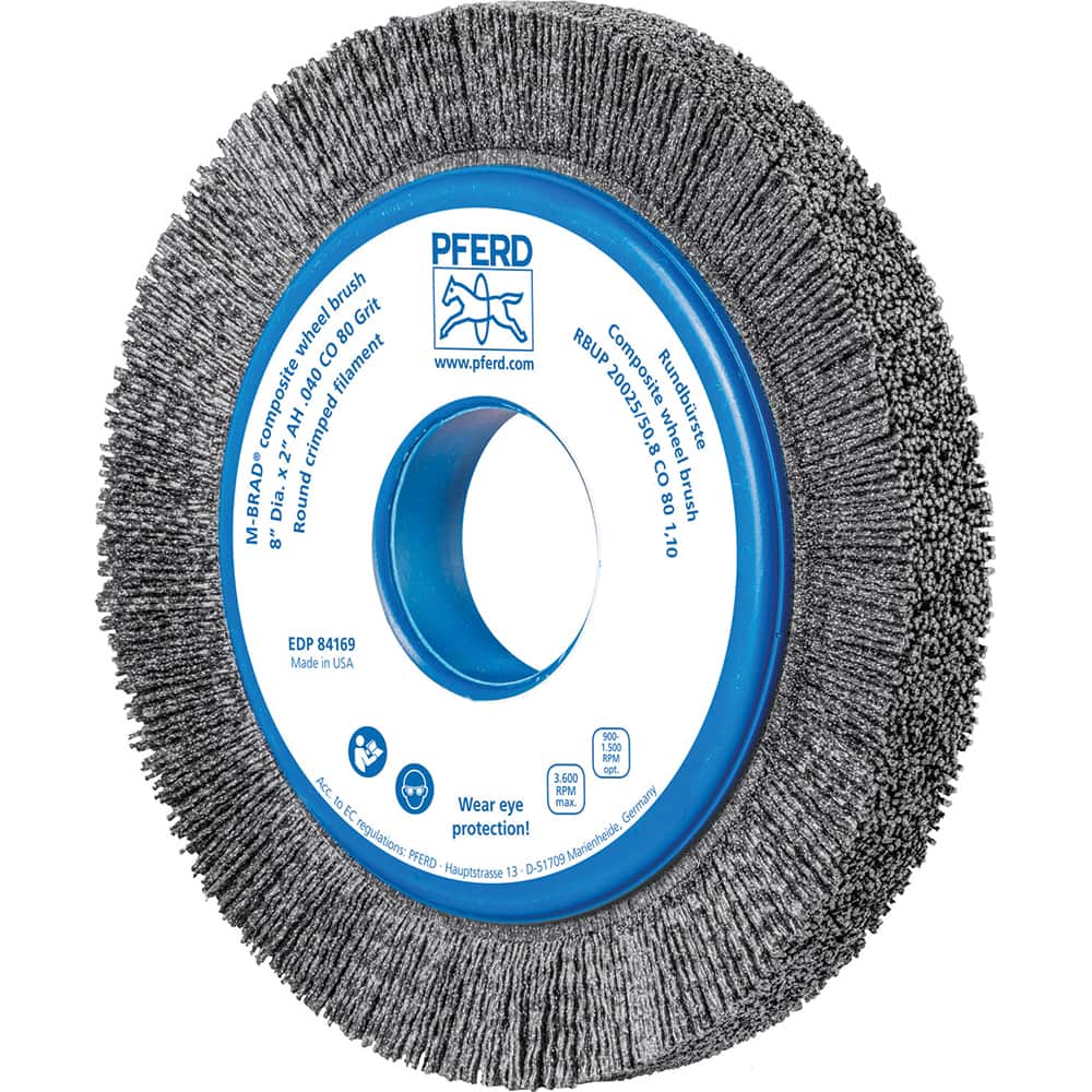 PFERD - Wheel Brushes; Outside Diameter (Inch): 8 ; Wire Type: Crimped; Round ; Fill Material: Nylon; Ceramic ; Trim Length (Inch): 1-1/4 ; Filament Wire Diameter Range: 0.0300 & Above ; Maximum RPM: 3600.000 - Exact Tool & Supply