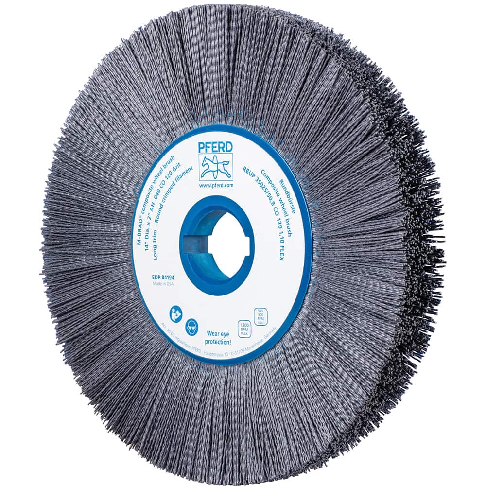 PFERD - Wheel Brushes; Outside Diameter (Inch): 14 ; Wire Type: Crimped; Round ; Fill Material: Nylon; Ceramic ; Trim Length (Inch): 3-1/2 ; Filament Wire Diameter Range: 0.0300 & Above ; Maximum RPM: 1800.000 - Exact Tool & Supply