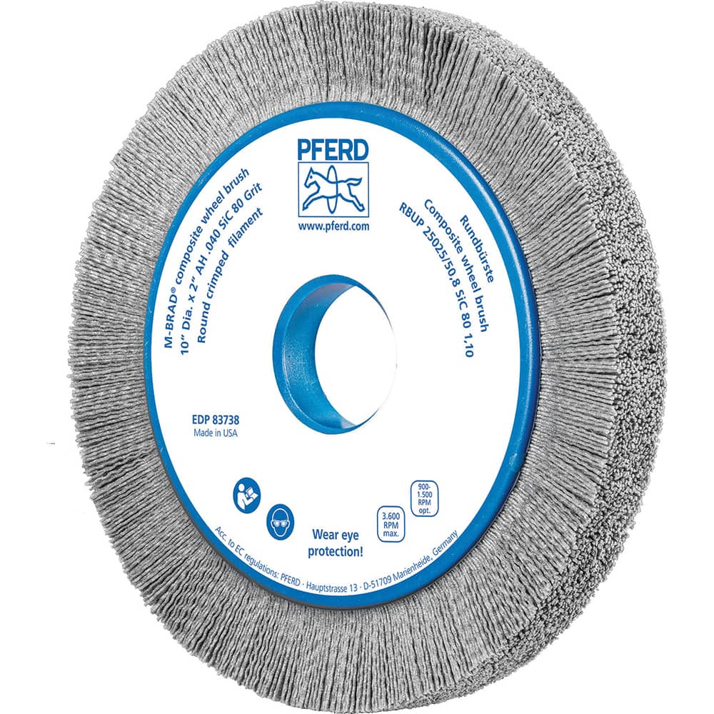 PFERD - Wheel Brushes; Outside Diameter (Inch): 10 ; Wire Type: Crimped; Round ; Fill Material: Nylon; Silicon Carbide ; Trim Length (Inch): 1-1/2 ; Filament Wire Diameter Range: 0.0300 & Above ; Maximum RPM: 3600.000 - Exact Tool & Supply