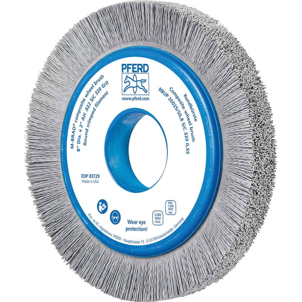 PFERD - Wheel Brushes; Outside Diameter (Inch): 8 ; Wire Type: Crimped; Round ; Fill Material: Nylon; Silicon Carbide ; Trim Length (Inch): 1-1/4 ; Filament Wire Diameter Range: 0.0200-0.0299 ; Maximum RPM: 3600.000 - Exact Tool & Supply