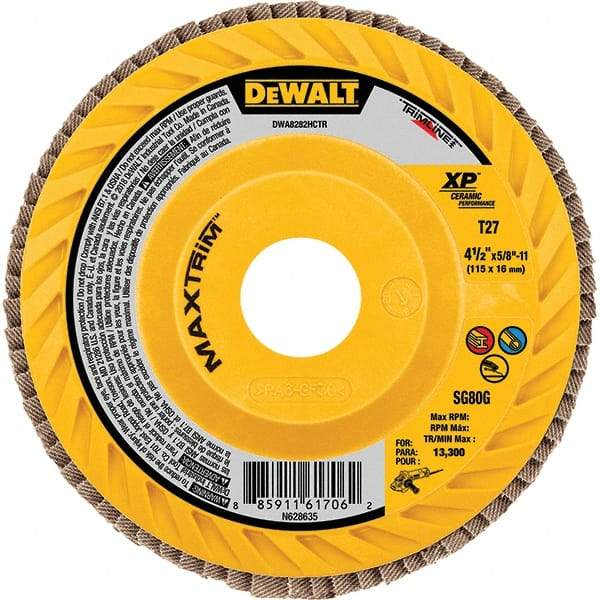DeWALT - 80 Grit, 4-1/2" Disc Diam, Type 27 Ceramic Flap Disc - 13,300 Max RPM, Poly Cotton Backing, Arbor Attaching System, Coated - Exact Tool & Supply
