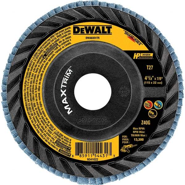 DeWALT - 60 Grit, 5" Disc Diam, Type 27 Zirconia Alumina Flap Disc - 12,200 Max RPM, Poly Cotton Backing, Arbor Attaching System, Coated - Exact Tool & Supply