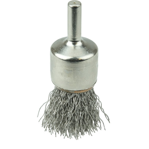 3/4″ Nickel-Plated Cup End Brush, .014″ Stainless Steel Crimped Wire Fill - Exact Tool & Supply