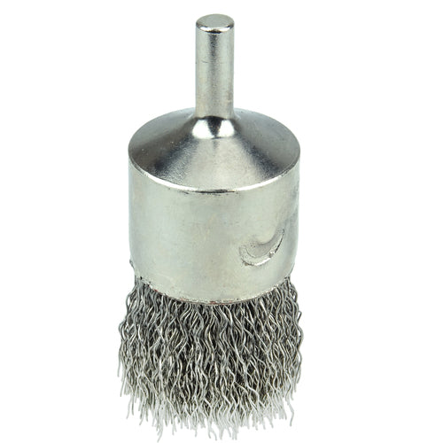 1″ Nickel-Plated Cup End Brush, .014″ Stainless Steel Crimped Wire Fill - Exact Tool & Supply