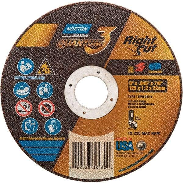 Norton - 5" 46 Grit Ceramic Alumina Cutoff Wheel - 0.045" Thick, 7/8" Arbor, 12,225 Max RPM, Use with Angle Grinders - Exact Tool & Supply