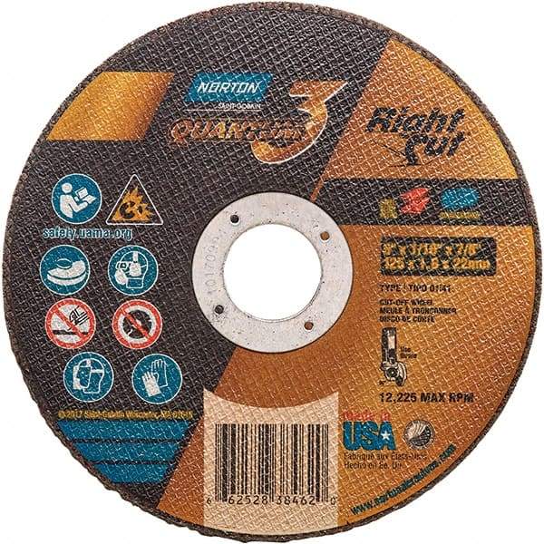 Norton - 5" 36 Grit Ceramic Alumina Cutoff Wheel - 1/16" Thick, 7/8" Arbor, 12,225 Max RPM, Use with Angle Grinders - Exact Tool & Supply