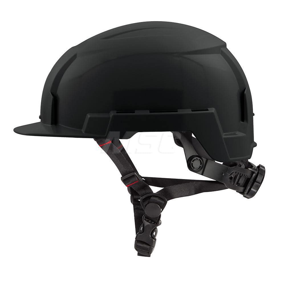 Hard Hat: Impact Resistant, Front Brim, Class E, 2-Point Suspension Black, High Density Polyethylene