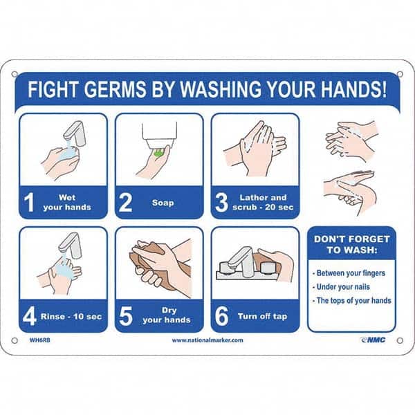NMC - "Fight Germs By Washing Your Hands!", 14" Wide x 10" High, Rigid Plastic Safety Sign - Exact Tool & Supply