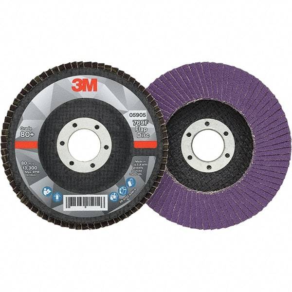 3M - 4-1/2" Disc Diam, 7/8" Center Hole, Type 27 Ceramic Flap Disc - 13,300 Max RPM, Fiberglass Backing, Arbor Attaching System, Coated - Exact Tool & Supply
