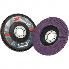 3M - 4-1/2" Disc Diam, 7/8" Center Hole, Type 29 Ceramic Flap Disc - 13,300 Max RPM, Fiberglass Backing, Arbor Attaching System, Coated - Exact Tool & Supply