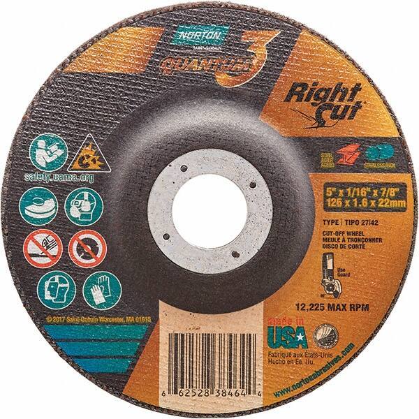 Norton - 36 Grit, 5" Wheel Diam, 1/16" Wheel Thickness, 7/8" Arbor Hole, Type 27 Depressed Center Wheel - Coarse Grade, Ceramic Alumina, Resinoid Bond, 12,225 Max RPM - Exact Tool & Supply