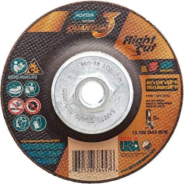 Norton - 36 Grit, 4-1/2" Wheel Diam, 1/16" Wheel Thickness, Type 27 Depressed Center Wheel - Coarse Grade, Ceramic Alumina, Resinoid Bond, 13,580 Max RPM - Exact Tool & Supply