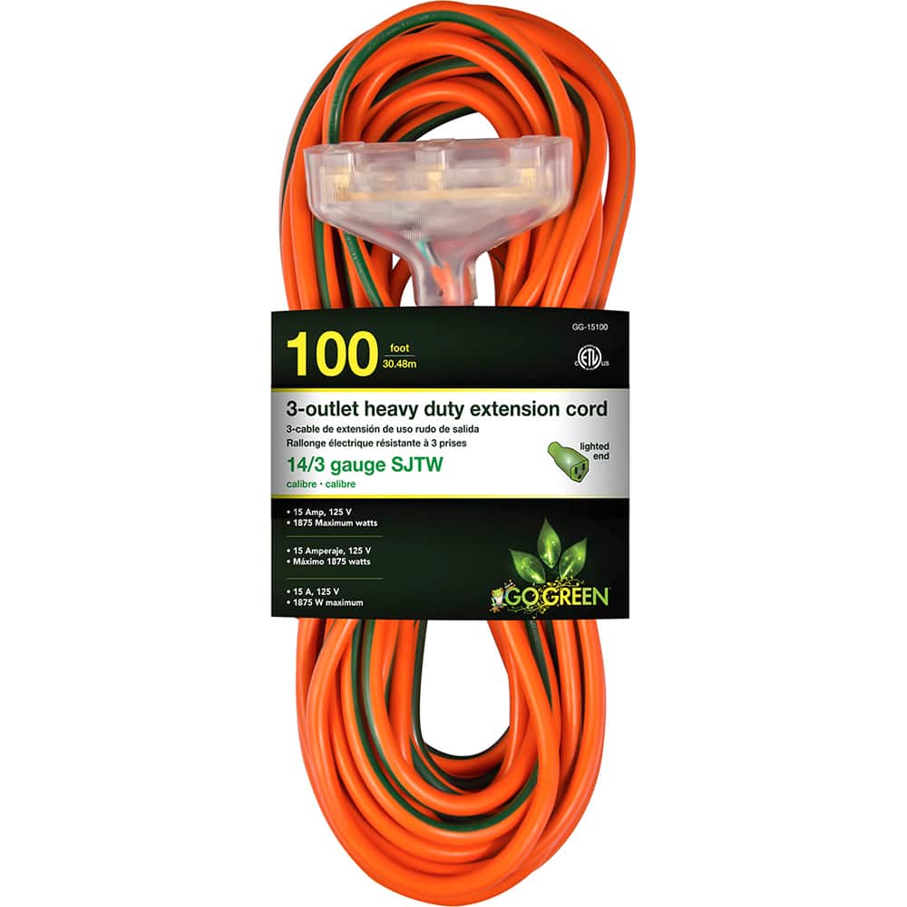 GoGreen Power - Power Cords; Cord Type: Extension Cord ; Overall Length (Feet): 100 ; Cord Color: Orange ; Amperage: 15 ; Voltage: 125 ; Wire Gauge/Number of Conductors: 14/3 - Exact Tool & Supply