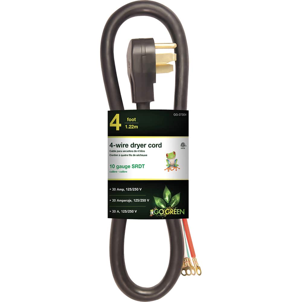 GoGreen Power - Power Cords; Cord Type: Replacement Cord ; Overall Length (Feet): 4 ; Cord Color: Brown ; Amperage: 30 ; Voltage: 250 ; Wire Gauge/Number of Conductors: 10/3 - Exact Tool & Supply