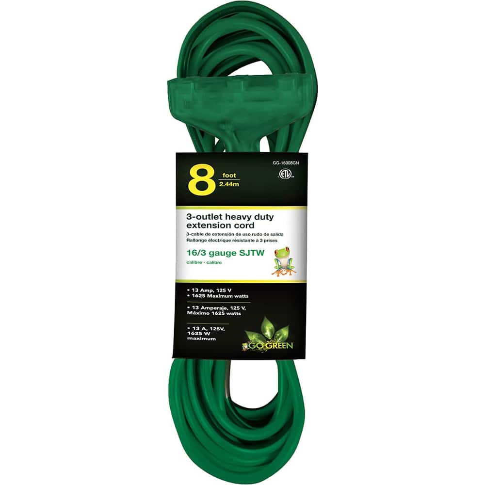 GoGreen Power - Power Cords; Cord Type: Extension Cord ; Overall Length (Feet): 8 ; Cord Color: Green ; Amperage: 13 ; Voltage: 125 ; Wire Gauge/Number of Conductors: 16/3 - Exact Tool & Supply