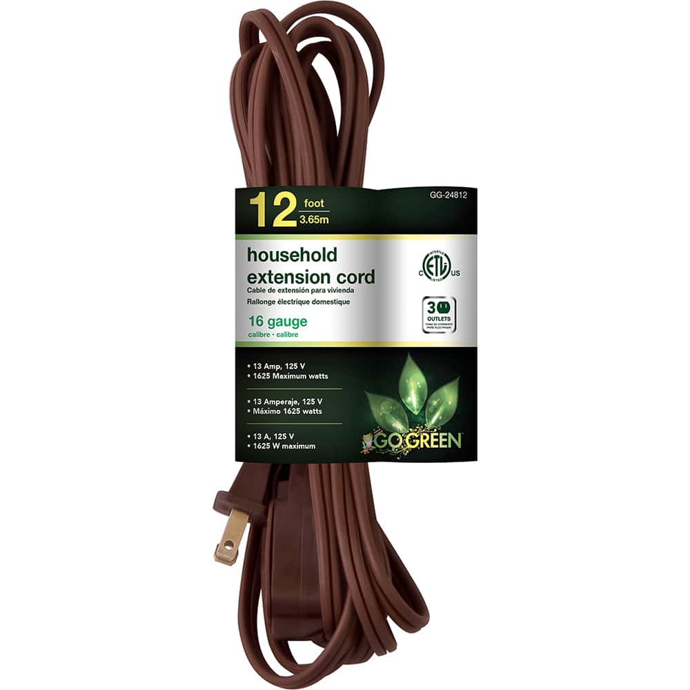 GoGreen Power - Power Cords; Cord Type: Replacement Cord ; Overall Length (Feet): 12 ; Cord Color: Brown ; Amperage: 13 ; Voltage: 125 ; Wire Gauge/Number of Conductors: 16/2 - Exact Tool & Supply