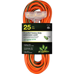 GoGreen Power - Power Cords; Cord Type: Extension Cord ; Overall Length (Feet): 25 ; Cord Color: Orange ; Amperage: 15 ; Voltage: 125 ; Wire Gauge/Number of Conductors: 14/3 - Exact Tool & Supply