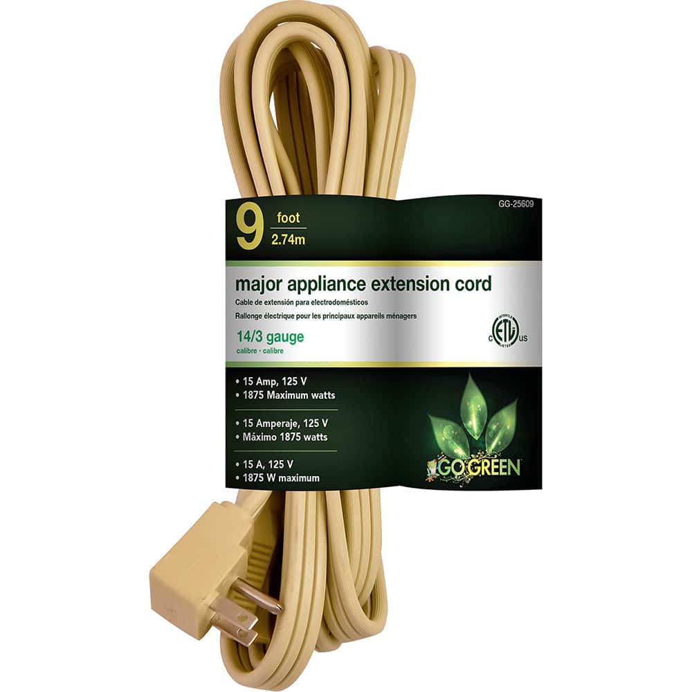 GoGreen Power - Power Cords; Cord Type: Replacement Cord ; Overall Length (Feet): 9 ; Cord Color: Brown ; Amperage: 15 ; Voltage: 125 ; Wire Gauge/Number of Conductors: 12/3 - Exact Tool & Supply
