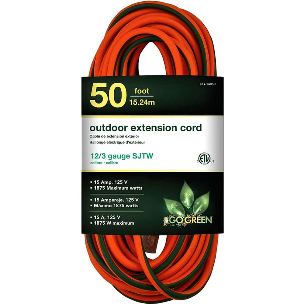 GoGreen Power - Power Cords; Cord Type: Extension Cord ; Overall Length (Feet): 50 ; Cord Color: Orange ; Amperage: 15 ; Voltage: 125 ; Wire Gauge/Number of Conductors: 12/3 - Exact Tool & Supply