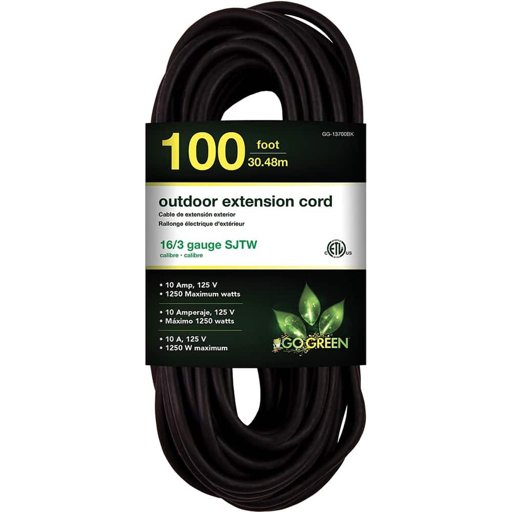 GoGreen Power - Power Cords; Cord Type: Extension Cord ; Overall Length (Feet): 100 ; Cord Color: Black ; Amperage: 10 ; Voltage: 125 ; Wire Gauge/Number of Conductors: 16/3 - Exact Tool & Supply